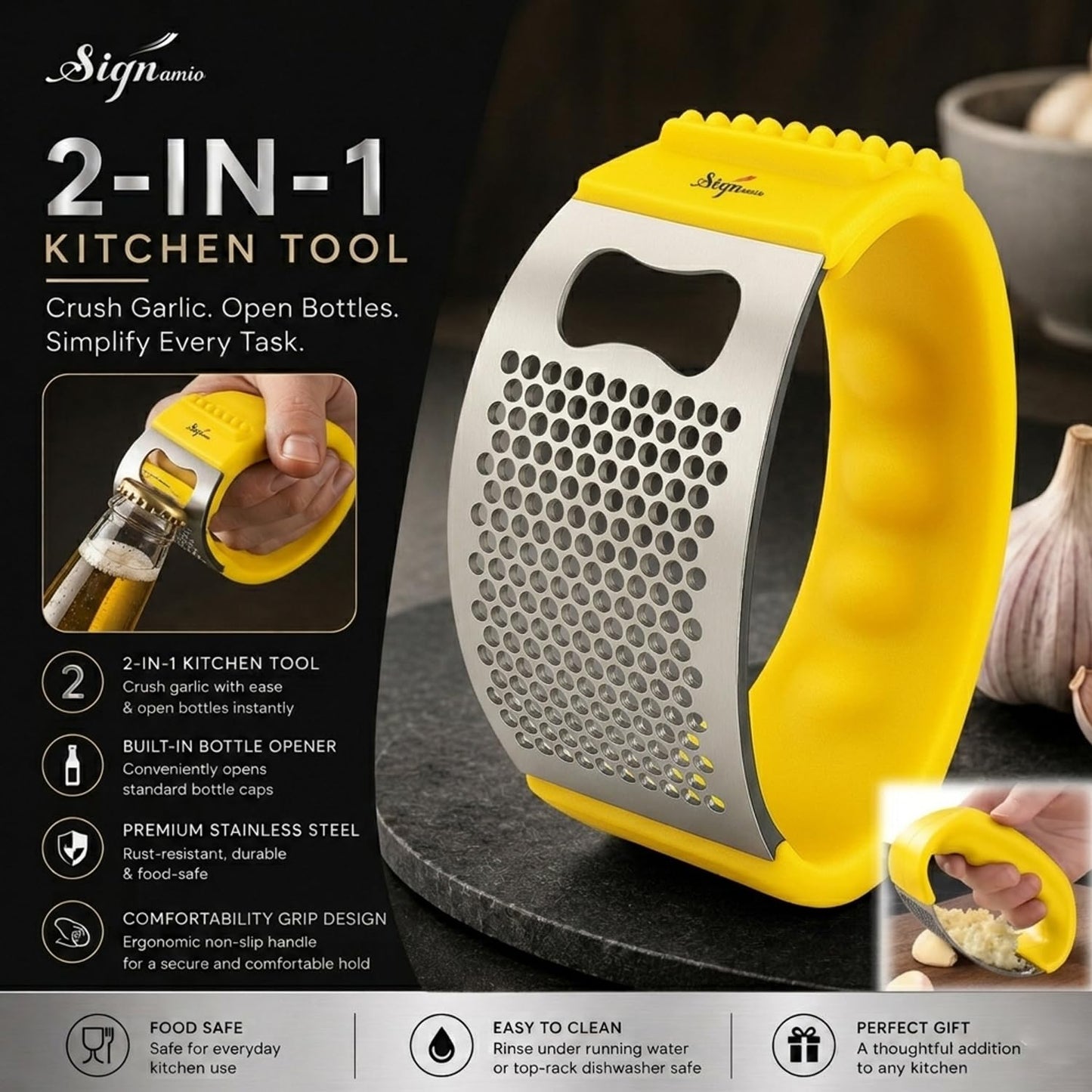 Signamio Garlic Peeler Tool - Versatile Garlic Crusher Mini Hand Press Chopper for Effortless Garlic Preparation, Durable and Easy to Clean Kitchen Essential - Yellow