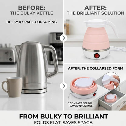 Signamio Electric Kettle - Portable for Travel, Foldable Silicone Travel Kettle, Compact and Lightweight, Ideal for Camping,Office, and Hotel Use, Quick Boil - 220V-600ML - Peach