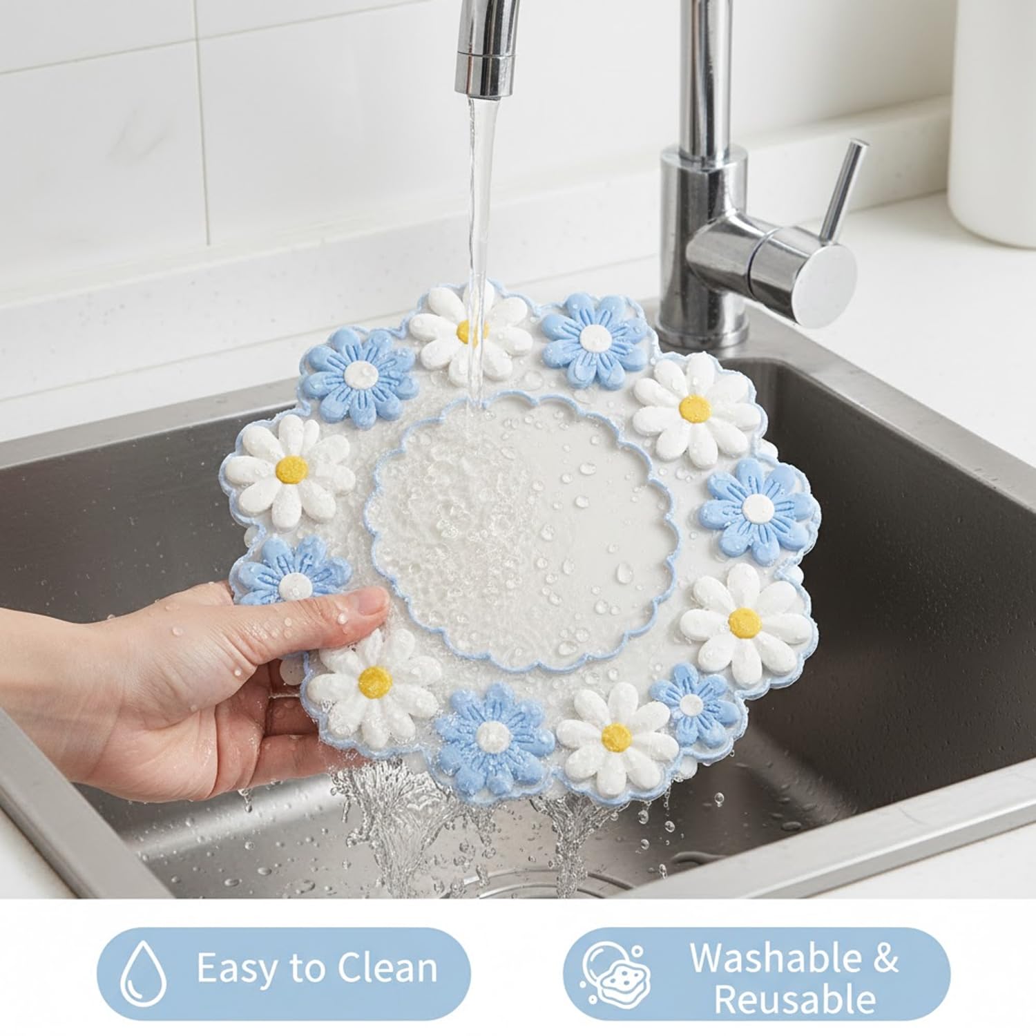 Signamio Silicone Mat for Kitchen - Heat Resistant Flower Shaped Trivet Mat Set, Coasters for Dining Table for Hot Pots, Pack of 3-1 Small, 1 Medium, 1 Large Heat Mats - Blue