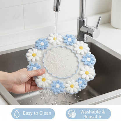 Signamio Silicone Mat for Kitchen - Heat Resistant Flower Shaped Trivet Mat Set, Coasters for Dining Table for Hot Pots, Pack of 3-1 Small, 1 Medium, 1 Large Heat Mats - Blue