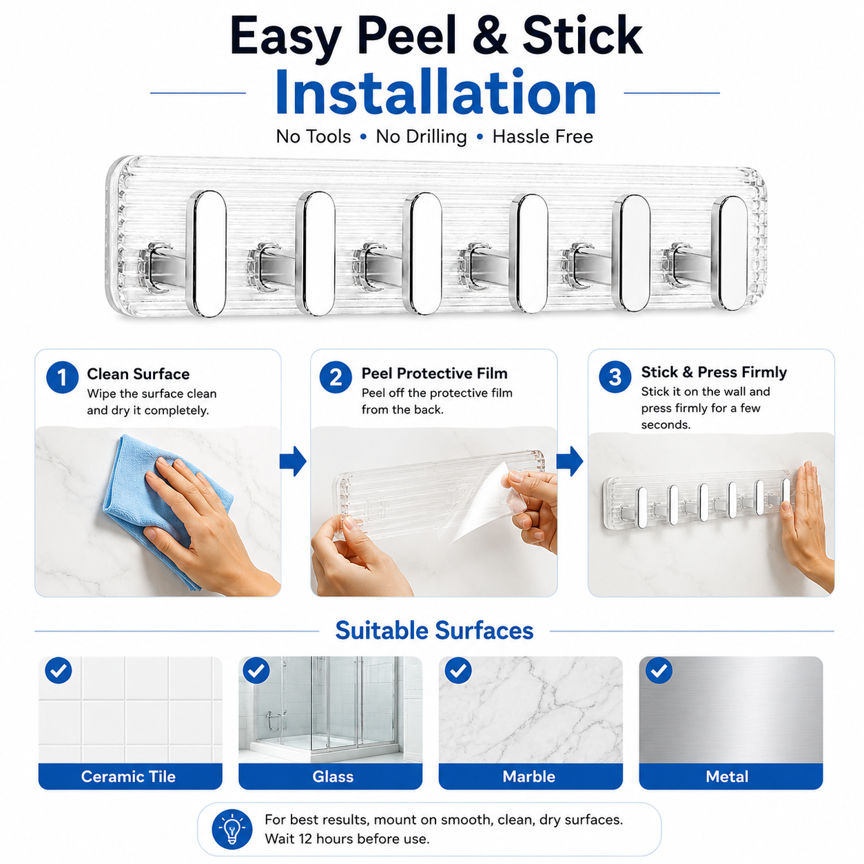 Self Adhesive Wall Hooks Silver 6 pcs -