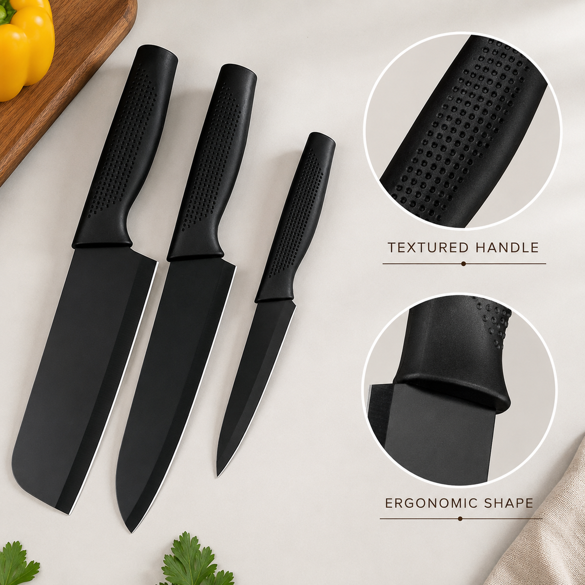 3 Pcs Kitchen Knife Set - Black-(Packing-Loose)