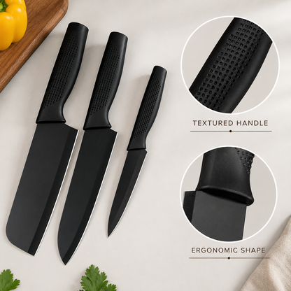 3 Pcs Kitchen Knife Set - Black-(Packing-Loose)