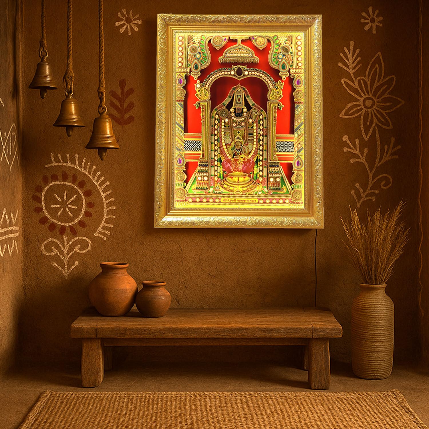 SIGNAMIO® Designer Handmade Stone Moti Work with Gold led Light Sculpture of 3D Tirupati Balaji wall Hanging Photo Frame with for Puja Room,Home,Office,wall decoration-1pcs (23X18 Inch)