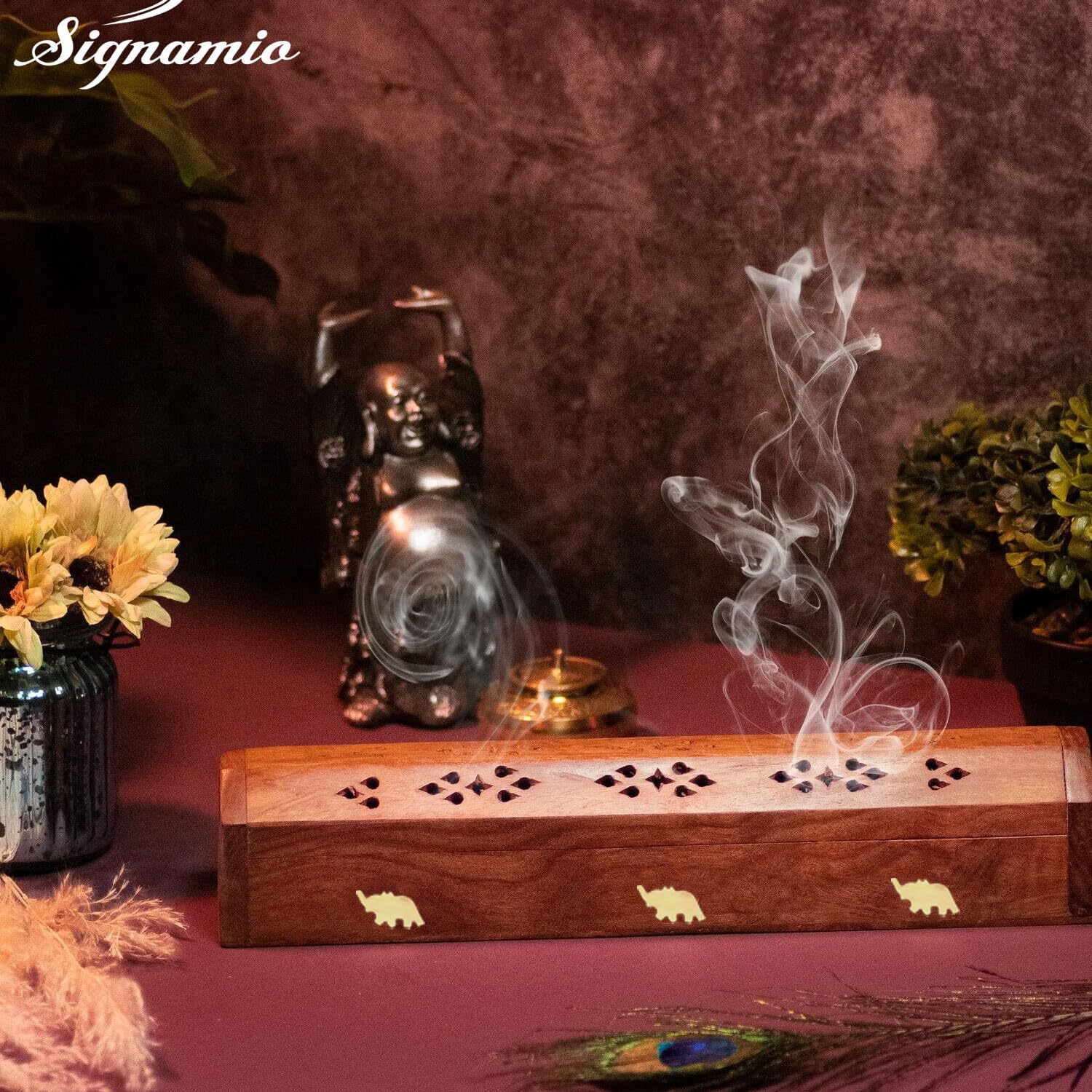 SIGNAMIO® 2pcs Wooden Horizontal Agarbatti and Dhoop Holder Premium Incense Stick Stand with Ash Catcher for Pooja Room - Essential Puja Items for Home & Agarbatti Stand Holder with Storage Box