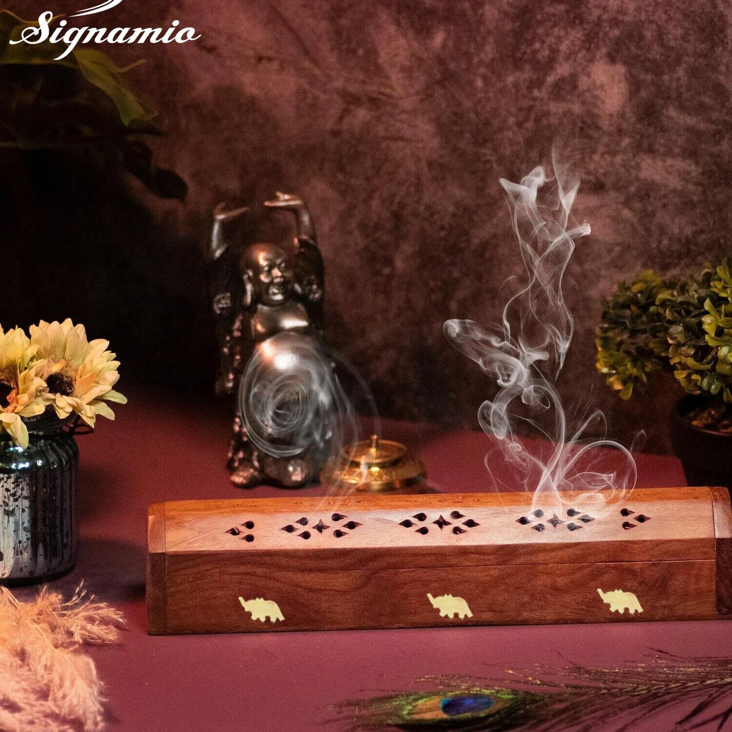 SIGNAMIO® 2pcs Wooden Horizontal Mini Agarbatti and Dhoop Holder Premium Incense Stick Stand with Ash Catcher for Pooja - Essential Puja Items for Home Mandir & Agarbatti Stand Holder with Storage Box
