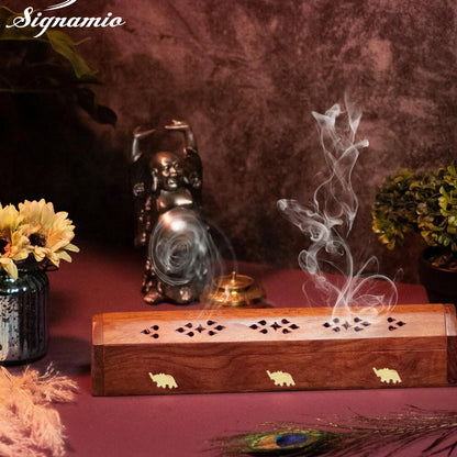 SIGNAMIO® 2pcs Wooden Horizontal Mini Agarbatti and Dhoop Holder Premium Incense Stick Stand with Ash Catcher for Pooja - Essential Puja Items for Home Mandir & Agarbatti Stand Holder with Storage Box