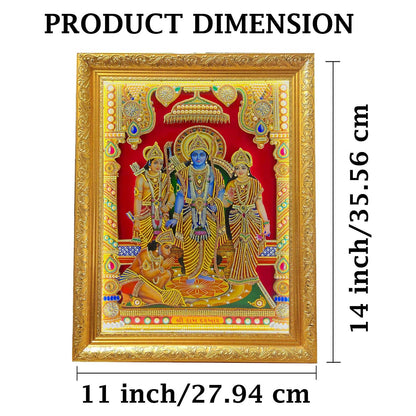 SIGNAMIO® Designer Handmade Stone Moti Work with Gold led Light Sculpture of 3D Lord Ram Darbar wall Hanging Photo Frame with for Puja Room,Home,Office,wall decoration-1pcs (14X11 Inch)