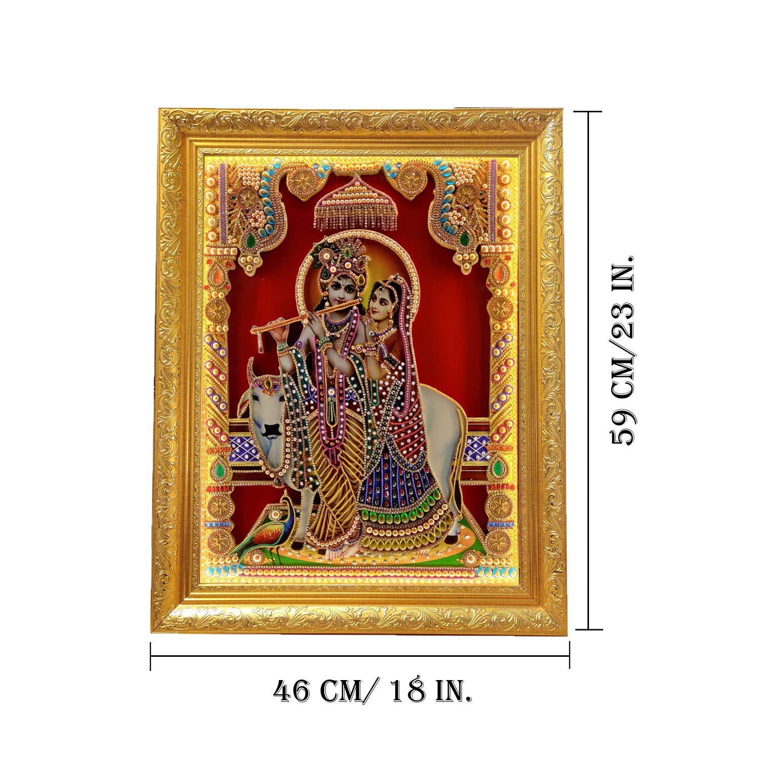 SIGNAMIO® Designer Handmade Stone Moti Work with Gold led Light Sculpture of 3D Lord Radha Krishna wall Hanging Photo Frame with for Puja Room,Home,Office,wall decoration-1pcs (23x18 Inch)