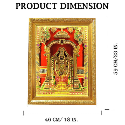 SIGNAMIO® Designer Handmade Stone Moti Work with Gold led Light Sculpture of 3D Tirupati Balaji wall Hanging Photo Frame with for Puja Room,Home,Office,wall decoration-1pcs (23X18 Inch)