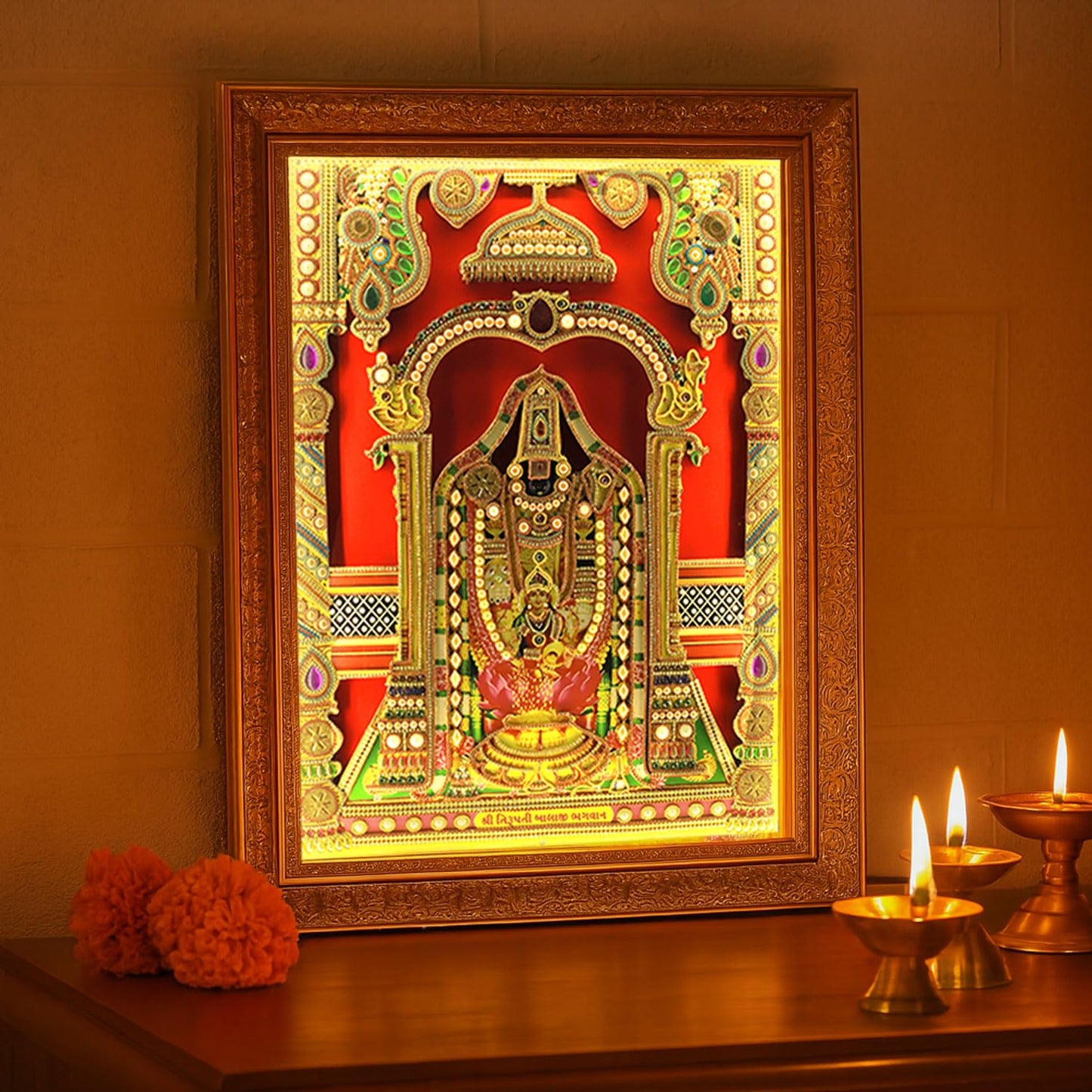 SIGNAMIO® Designer Handmade Stone Moti Work with Gold led Light Sculpture of 3D Tirupati Balaji wall Hanging Photo Frame with for Puja Room,Home,Office,wall decoration-1pcs (23X18 Inch)