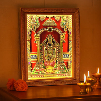 SIGNAMIO® Designer Handmade Stone Moti Work with Gold led Light Sculpture of 3D Tirupati Balaji wall Hanging Photo Frame with for Puja Room,Home,Office,wall decoration-1pcs (23X18 Inch)
