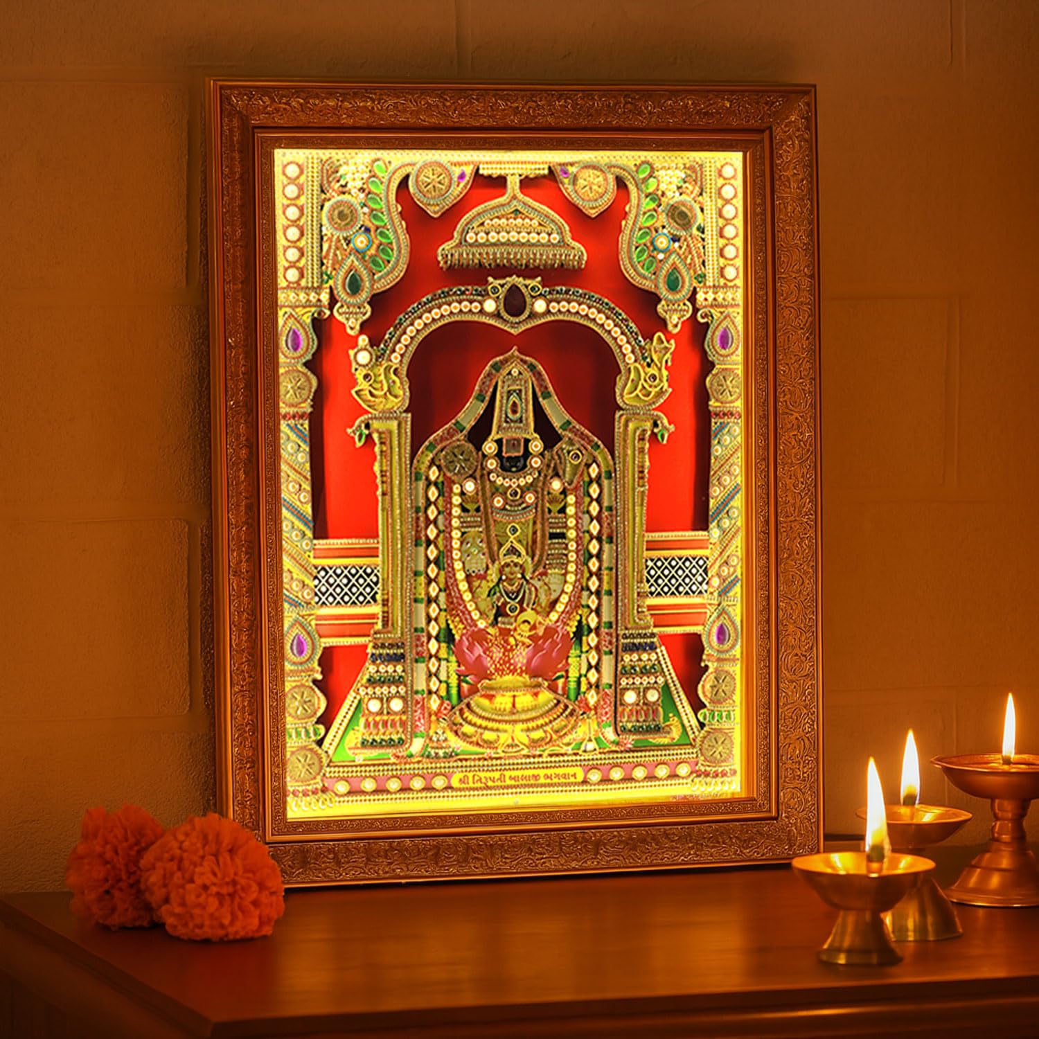SIGNAMIO® Designer Handmade Stone Moti Work with Gold led Light Sculpture of 3D Tirupati Balaji wall Hanging Photo Frame with for Puja Room,Home,Office,wall decoration-1pcs (14X11 Inch)