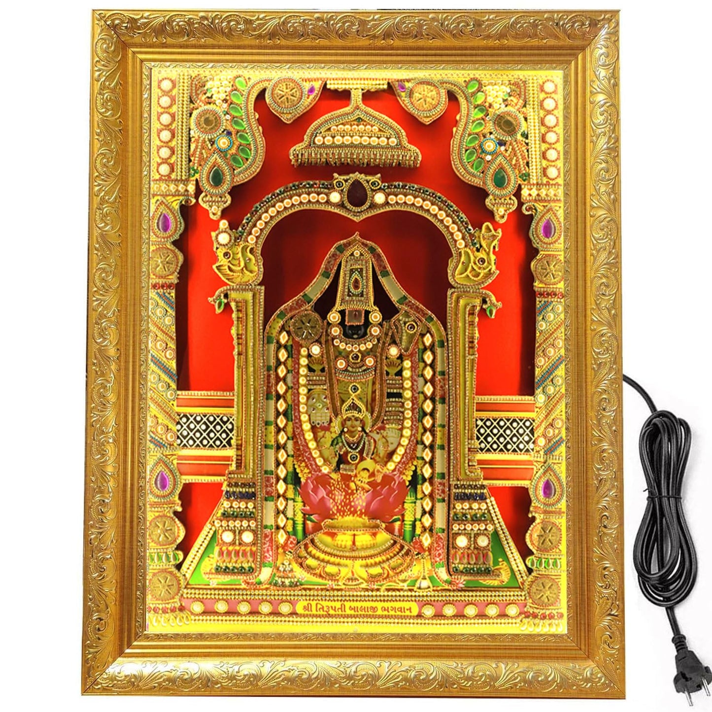 SIGNAMIO® Designer Handmade Stone Moti Work with Gold led Light Sculpture of 3D Tirupati Balaji wall Hanging Photo Frame with for Puja Room,Home,Office,wall decoration-1pcs (23X18 Inch)