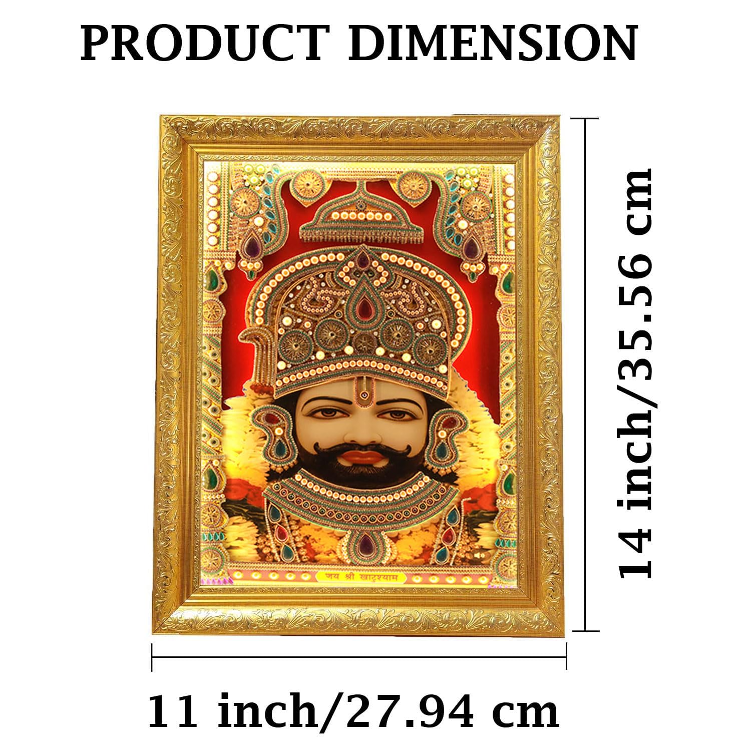 SIGNAMIO® Designer Handmade Stone Moti Work with Gold led Light Sculpture of 3D Khatu Shyam wall Hanging Photo Frame with for Puja Room,Home,Office,wall decoration-1pcs (23X18 Inch)