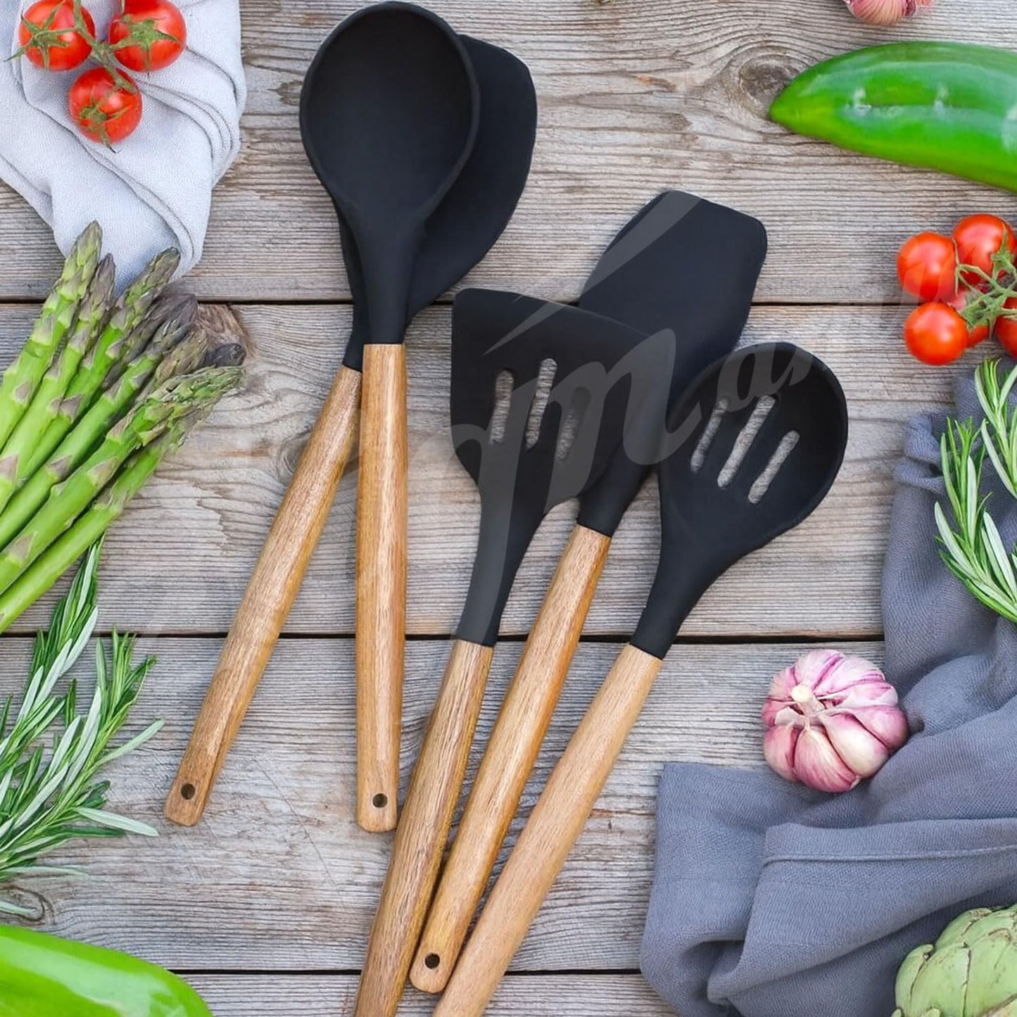 Signamio Silicone Spatula Set with Wooden Handle, 5 Pcs - Premium Cooking Set Ideal for Baking and Cooking, Durable and Heat-Resistant