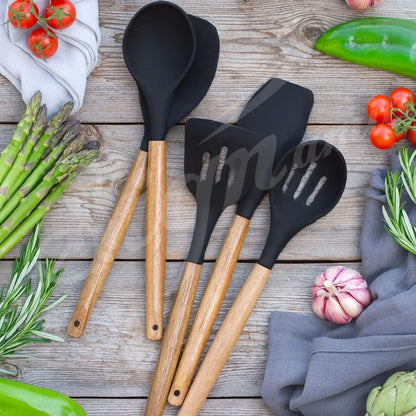 Signamio Silicone Spatula Set with Wooden Handle, 5 Pcs - Premium Cooking Set Ideal for Baking and Cooking, Durable and Heat-Resistant