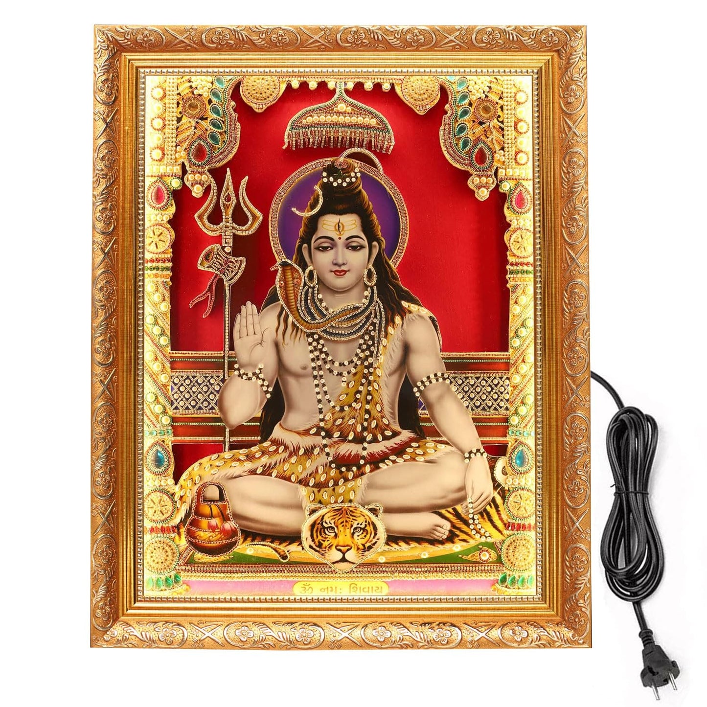 SIGNAMIO® Designer Handmade Stone Moti Work with Gold led Light Sculpture of 3D Khatu Shyam Wall Hanging Photo Frame with for Puja Room,Home,Office,Wall decoration-1pcs (14X11 Inch)