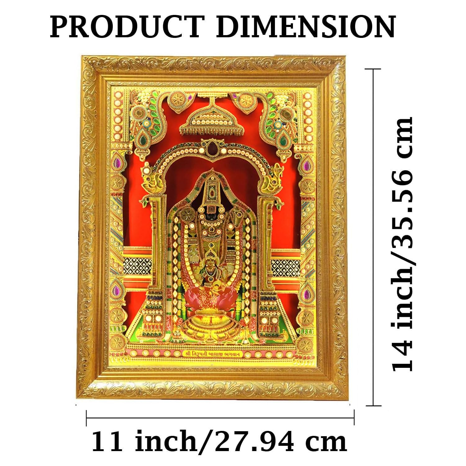 SIGNAMIO® Designer Handmade Stone Moti Work with Gold led Light Sculpture of 3D Tirupati Balaji wall Hanging Photo Frame with for Puja Room,Home,Office,wall decoration-1pcs (14X11 Inch)