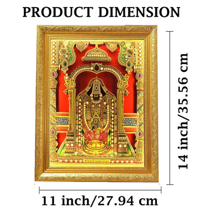 SIGNAMIO® Designer Handmade Stone Moti Work with Gold led Light Sculpture of 3D Tirupati Balaji wall Hanging Photo Frame with for Puja Room,Home,Office,wall decoration-1pcs (14X11 Inch)
