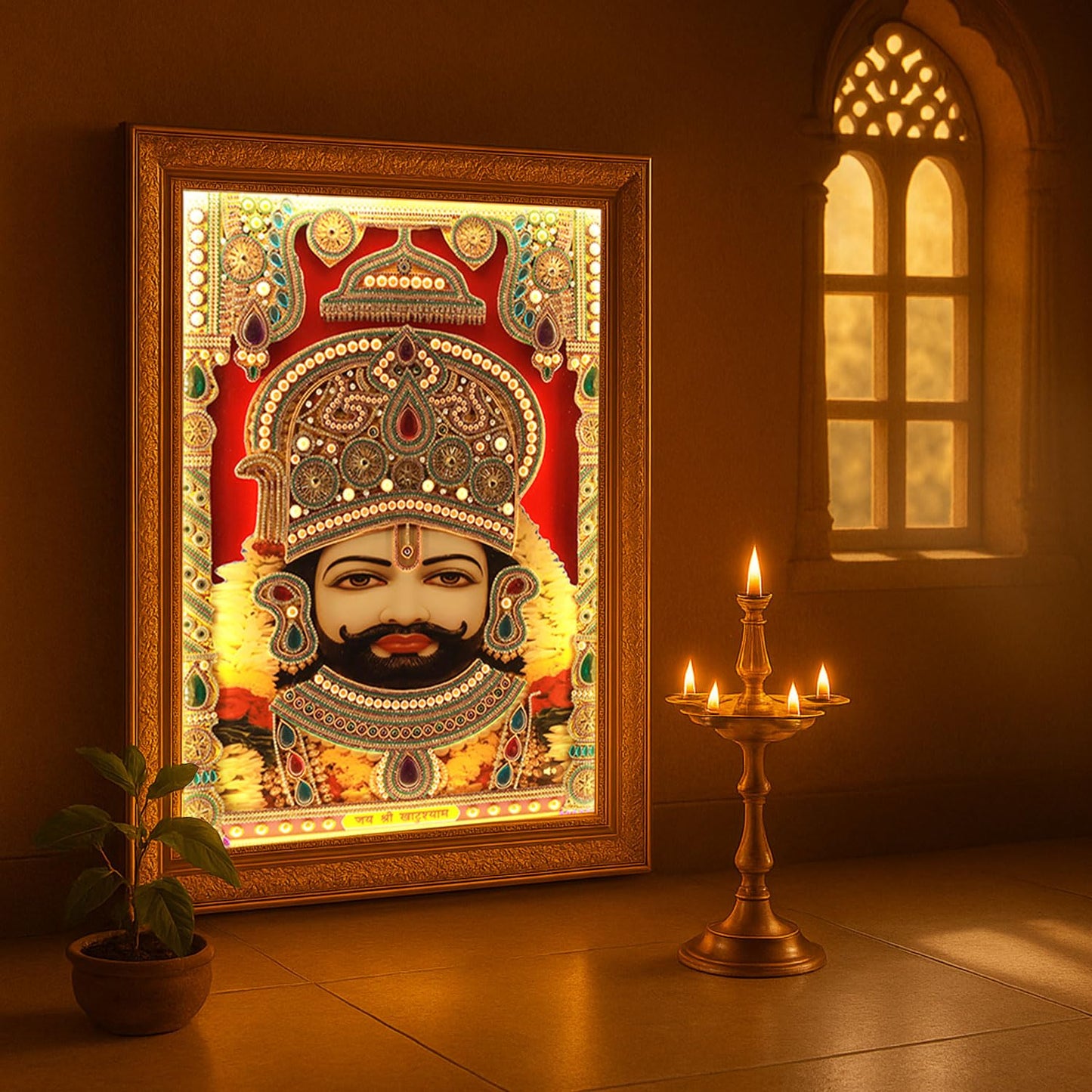 SIGNAMIO® Designer Handmade Stone Moti Work with Gold led Light Sculpture of 3D Khatu Shyam Wall Hanging Photo Frame with for Puja Room,Home,Office,Wall decoration-1pcs (14X11 Inch)