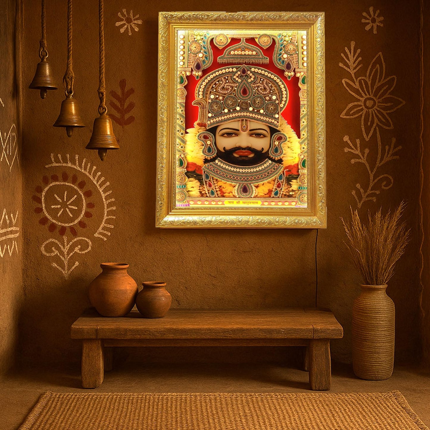 SIGNAMIO® Designer Handmade Stone Moti Work with Gold led Light Sculpture of 3D Khatu Shyam wall Hanging Photo Frame with for Puja Room,Home,Office,wall decoration-1pcs (23X18 Inch)