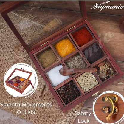 SIGNAMIO® Square Wooden Spice Box with Detachable Containers and Spoon, Transparent Glass Masala dani for Kitchen Storage, Anjarai Petti Style Organizer, Perfect Wooden Masala Box for Kitchen Use
