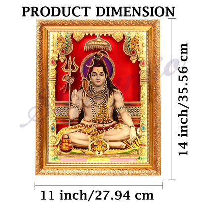 SIGNAMIO® Designer Handmade Stone Moti Work with Gold led Light Sculpture of 3D Lord Shiva Mahadev Shankar wall Hanging Photo Frame with for Puja Room,Home,Office,wall decoration-1pcs (14x11 Inch)