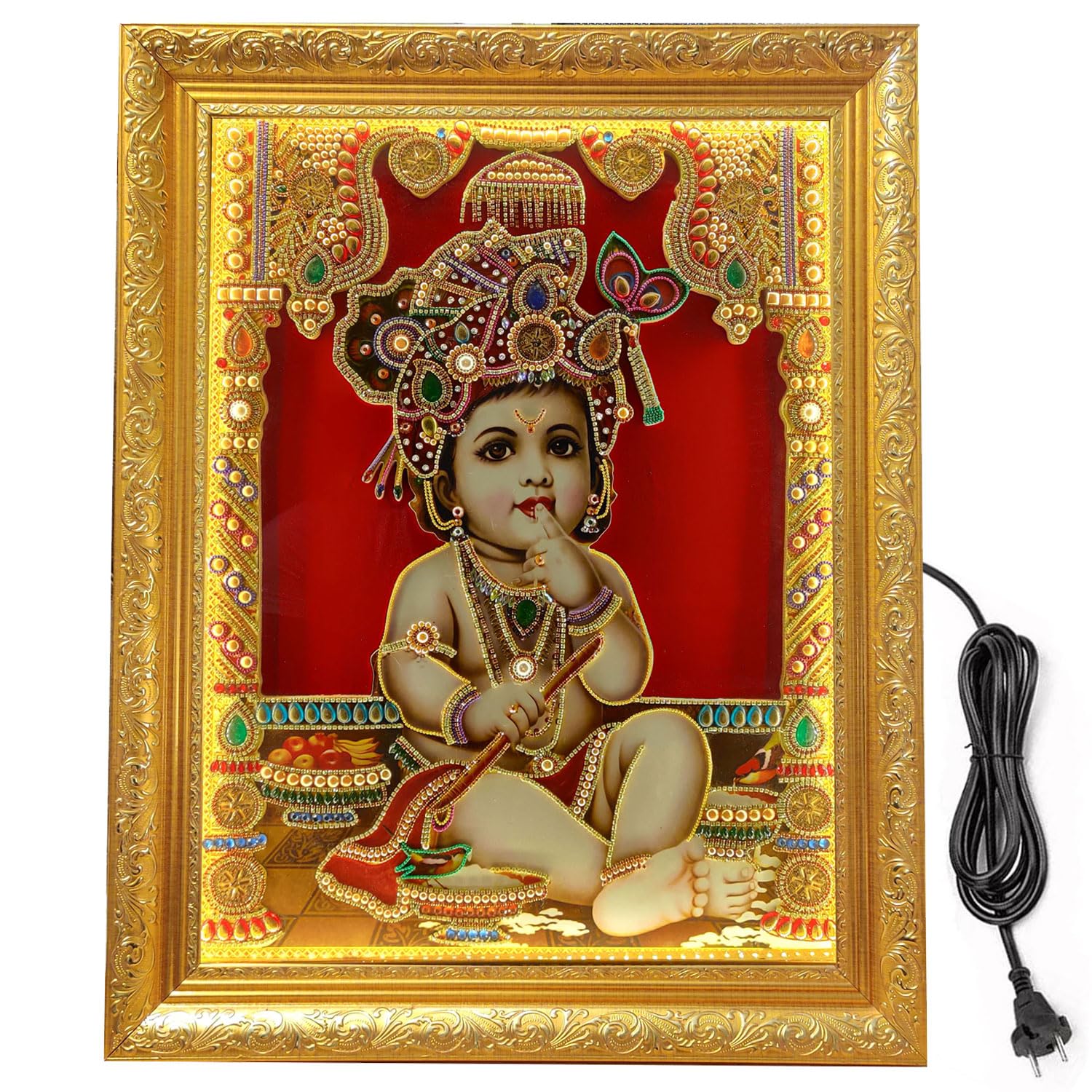 SIGNAMIO® Designer Handmade Stone Moti Work with Gold led Light Sculpture of 3D Salangpur Kashtbhanjan Dev Hanuman ji Bajarang Bali wall Hanging Decoration Photo Frame for Puja Home-1pcs (14x11 Inch)