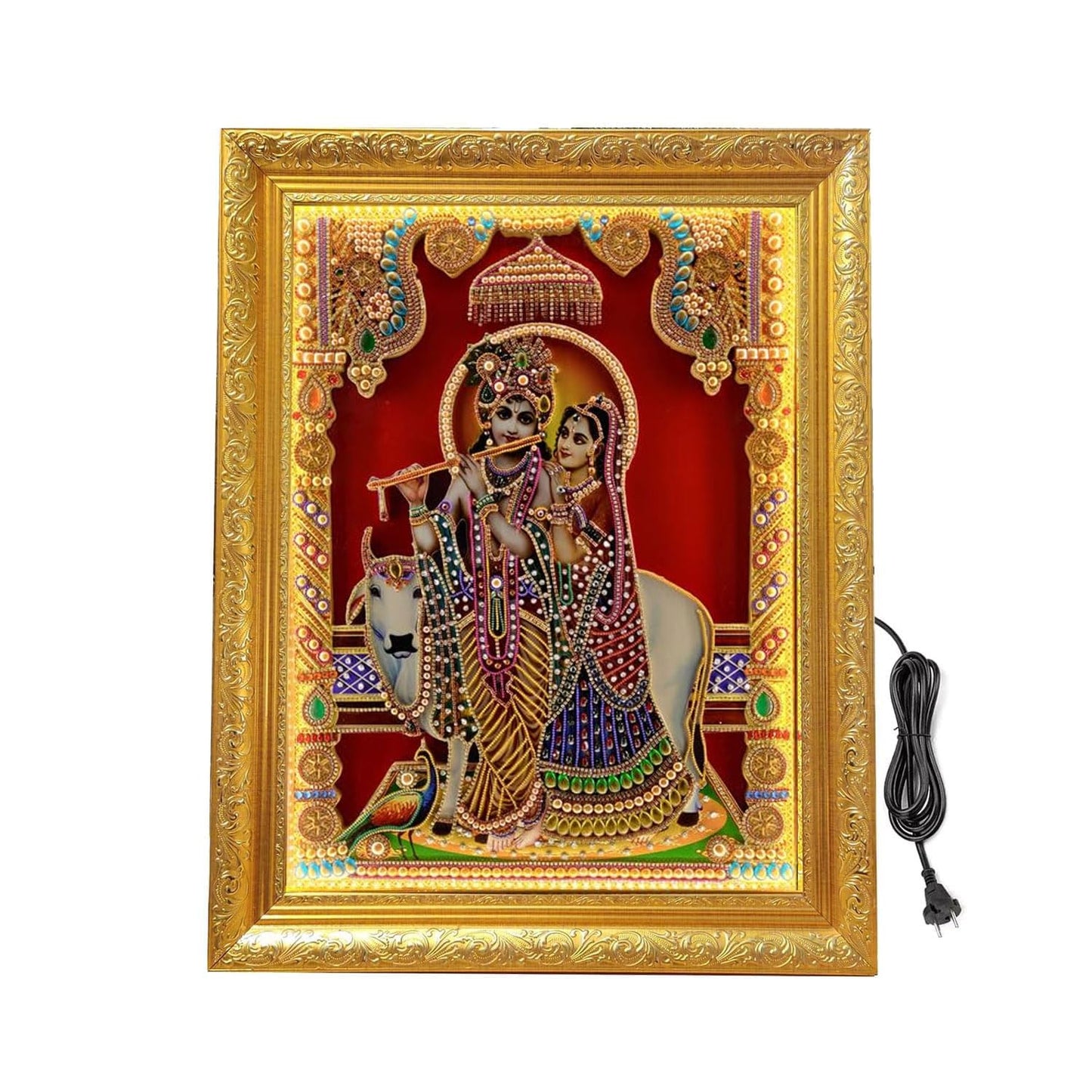SIGNAMIO® Designer Handmade Stone Moti Work with Gold led Light Sculpture of 3D Lord Ram Darbar wall Hanging Photo Frame with for Puja Room,Home,Office,wall decoration-1pcs (23X18 Inch)