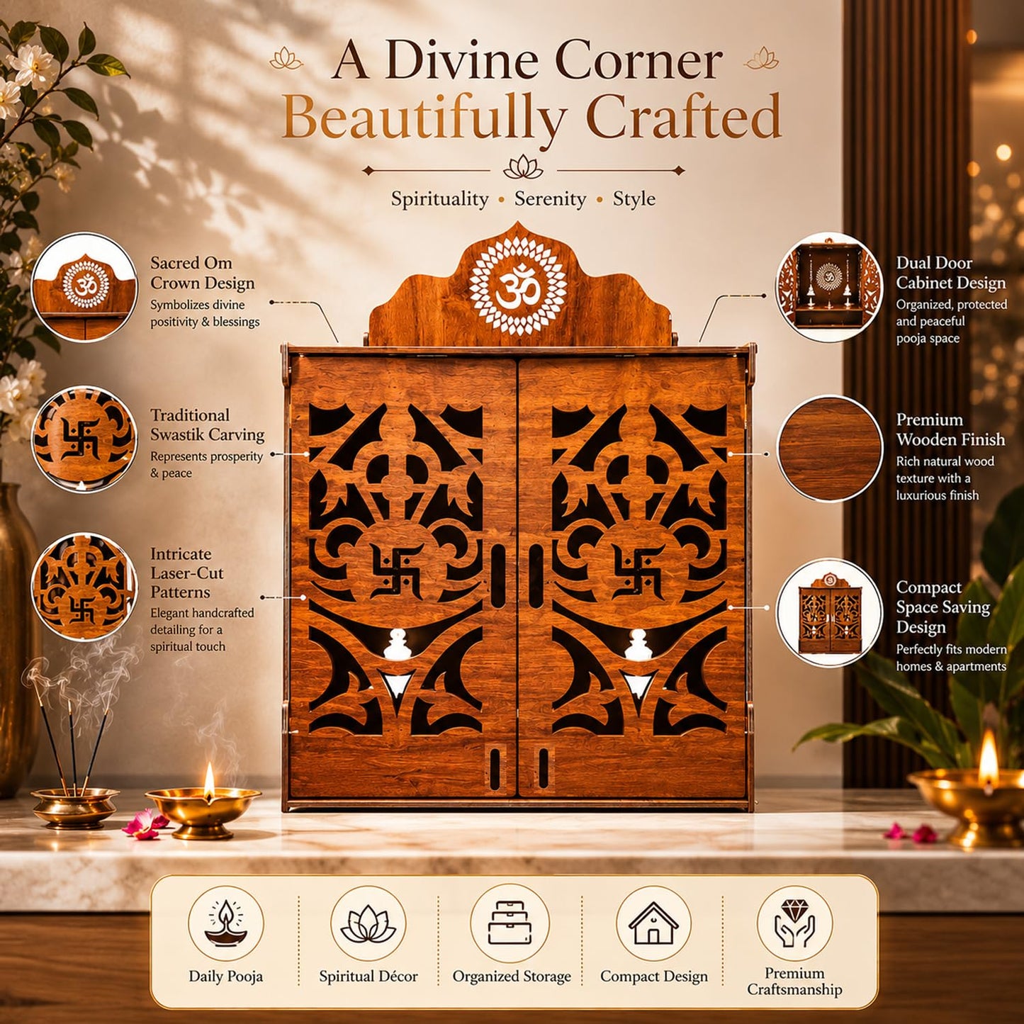 SIGNAMIO Mandir for Home with Door & LED Light | Wooden MDF Pooja Temple | Temple for Home with Door | Wall Mounted Hanging Home Temple with Storage Drawer