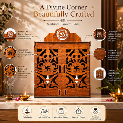 SIGNAMIO Mandir for Home with Door & LED Light | Wooden MDF Pooja Temple | Temple for Home with Door | Wall Mounted Hanging Home Temple with Storage Drawer