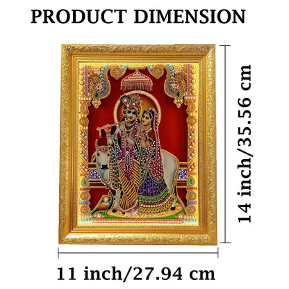 SIGNAMIO® Designer Handmade Stone Moti Work with Gold led Light Sculpture of 3D Lord Radha Krishna wall Hanging Photo Frame with for Puja Room,Home,Office,wall decoration-1pcs (14x11 Inch)
