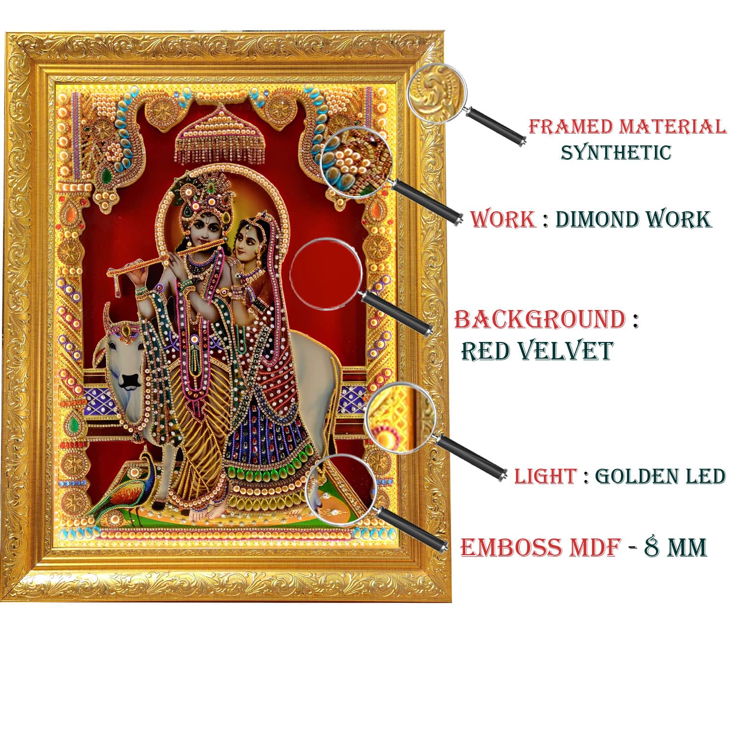 SIGNAMIO® Designer Handmade Stone Moti Work with Gold led Light Sculpture of 3D Lord Radha Krishna wall Hanging Photo Frame with for Puja Room,Home,Office,wall decoration-1pcs (23x18 Inch)