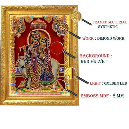 SIGNAMIO® Designer Handmade Stone Moti Work with Gold led Light Sculpture of 3D Lord Radha Krishna wall Hanging Photo Frame with for Puja Room,Home,Office,wall decoration-1pcs (14x11 Inch)