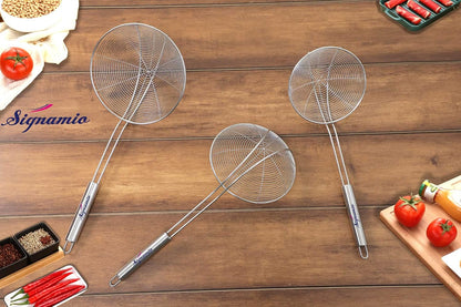 Signamio Diameter 14 cm Stainless Steel Deep Fry Net Spoon Oil Strainer for Kitchen - Frying Spoon for Puri & Poori Strainer Kitchen Utensil for Frying, Cooking & Straining Tool Steel Handle