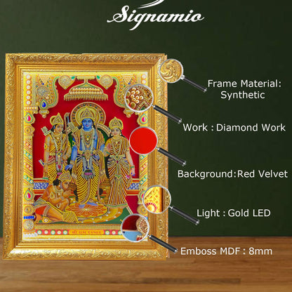 SIGNAMIO® Designer Handmade Stone Moti Work with Gold led Light Sculpture of 3D Lord Ram Darbar wall Hanging Photo Frame with for Puja Room,Home,Office,wall decoration-1pcs (14X11 Inch)