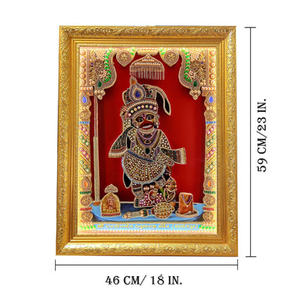 SIGNAMIO® Designer Handmade Stone Moti Work with Gold led Light Sculpture of 3D Salangpur Kashtbhanjan Dev Hanuman ji Bajarang Bali wall Hanging Decoration Photo Frame for Puja Home-1pcs (23x18 Inch)