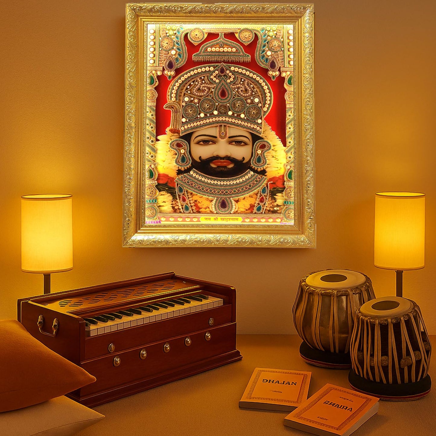 SIGNAMIO® Designer Handmade Stone Moti Work with Gold led Light Sculpture of 3D Khatu Shyam wall Hanging Photo Frame with for Puja Room,Home,Office,wall decoration-1pcs (23X18 Inch)