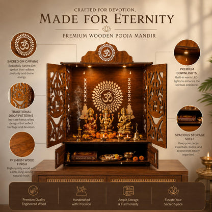 SIGNAMIO Mandir for Home with Door & LED Light | Wooden MDF Pooja Temple | Temple for Home with Door | Wall Mounted Hanging Home Temple with Storage Drawer