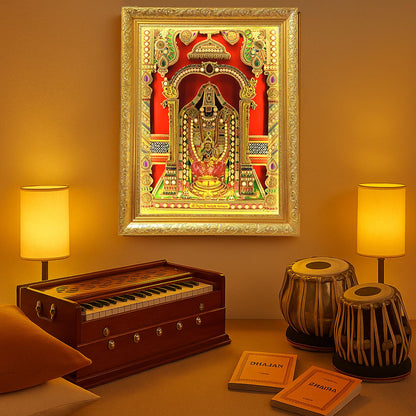 SIGNAMIO® Designer Handmade Stone Moti Work with Gold led Light Sculpture of 3D Tirupati Balaji wall Hanging Photo Frame with for Puja Room,Home,Office,wall decoration-1pcs (23X18 Inch)