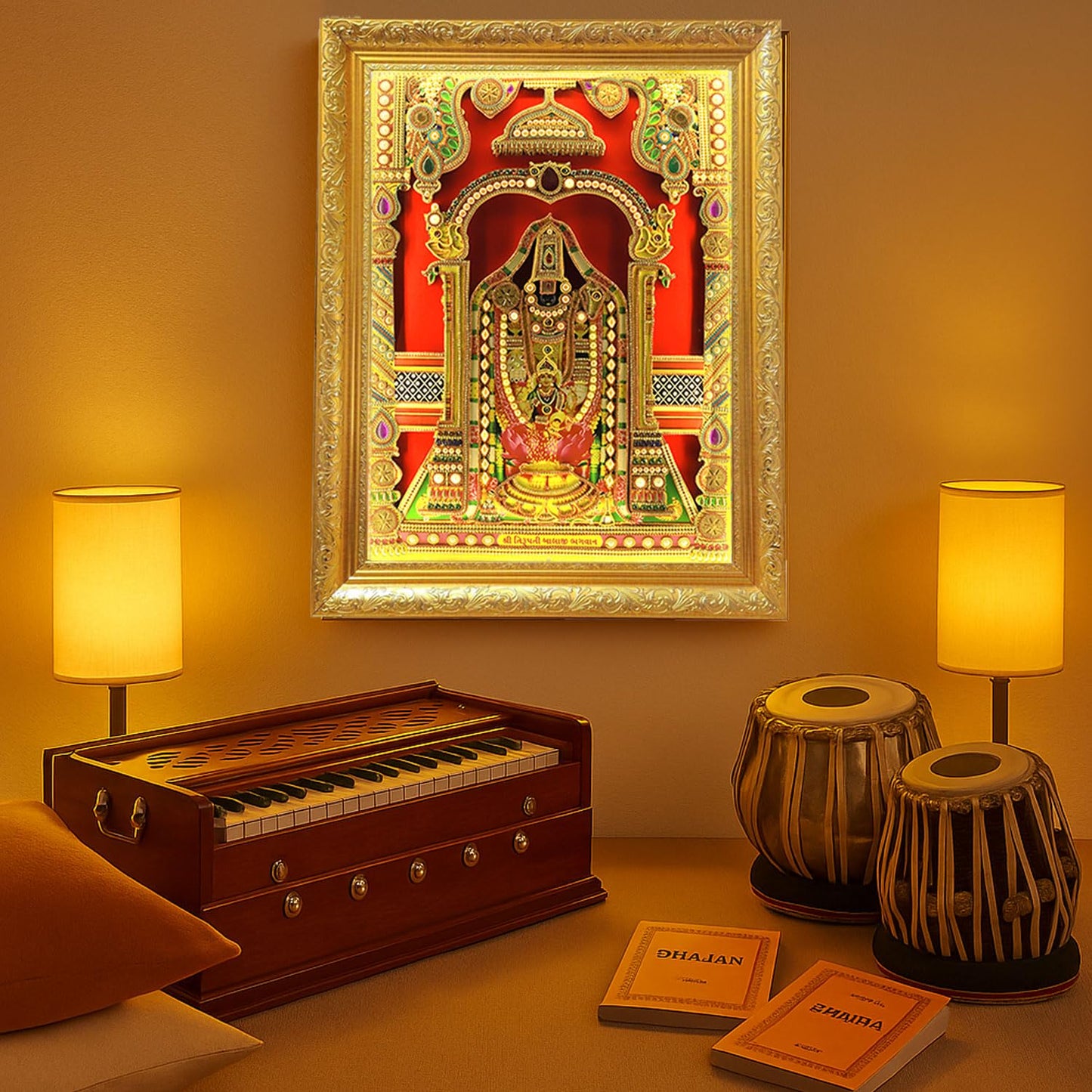 SIGNAMIO® Designer Handmade Stone Moti Work with Gold led Light Sculpture of 3D Tirupati Balaji wall Hanging Photo Frame with for Puja Room,Home,Office,wall decoration-1pcs (14X11 Inch)