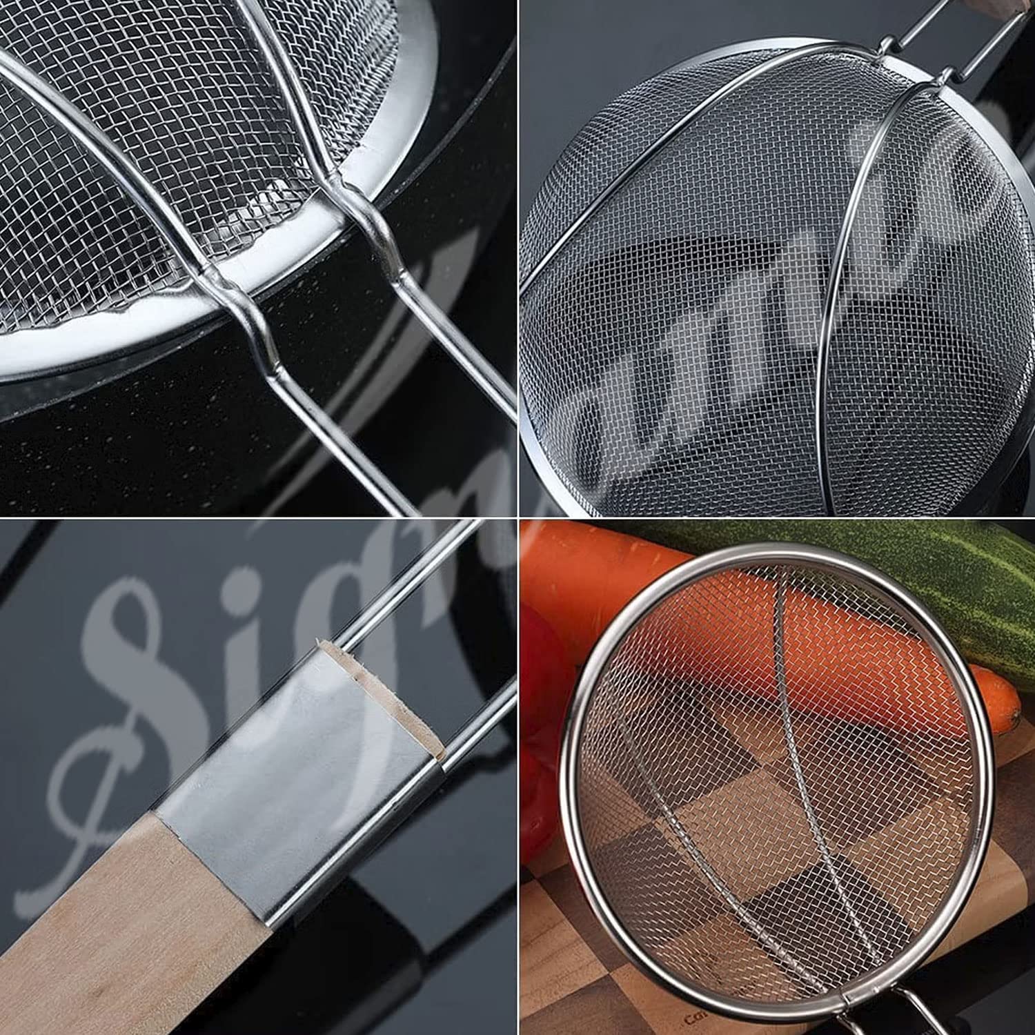 Signamio Diameter 18 cm Stainless Steel Deep Fry Net Spoon Oil Strainer for Kitchen - Frying Spoon for Puri & Poori Strainer Kitchen Utensil for Frying, Cooking & Straining Tool Wood Handle