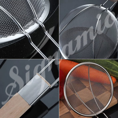 Signamio Diameter 16 cm Stainless Steel Deep Fry Net Spoon Oil Strainer for Kitchen - Frying Spoon for Puri & Poori Strainer Kitchen Utensil for Frying, Cooking & Straining Tool Wood Handle