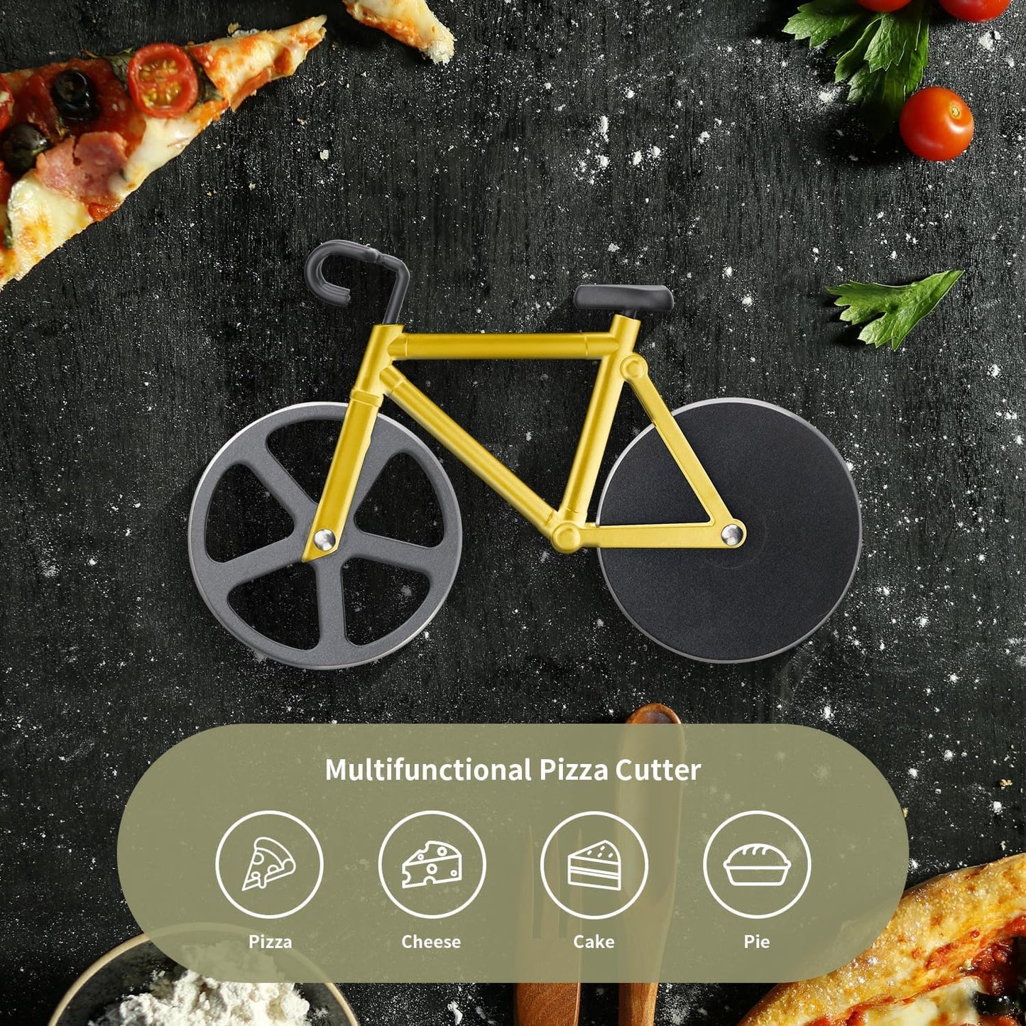 SIGNAMIO® Bicycle Pizza Cutter and Sandwich Slicer - Yellow, Ergonomic Non-Slip Handle, Stainless Steel Pizza Wheel for Kitchen, Ideal Roti, Paratha, Chapati, Brownie & Slice Cutter