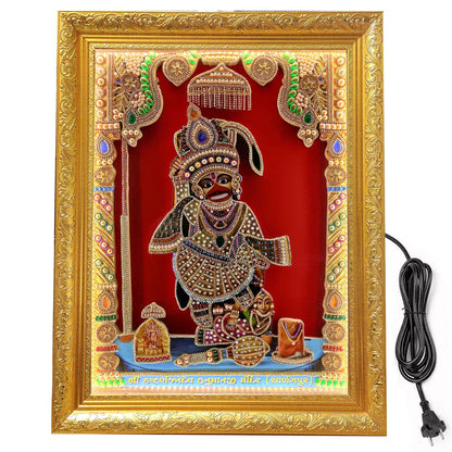 SIGNAMIO® Designer Handmade Stone Moti Work with Gold led Light Sculpture of 3D Salangpur Kashtbhanjan Dev Hanuman ji Bajarang Bali wall Hanging Decoration Photo Frame for Puja Home-1pcs (23x18 Inch)