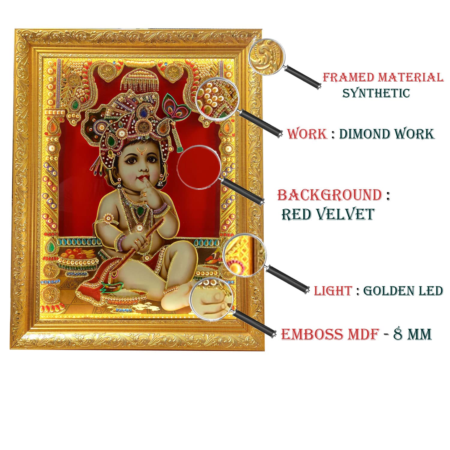 SIGNAMIO® Designer Handmade Stone Moti Work with Gold led Light Sculpture of 3D Lord Bal Krishna wall Hanging Photo Frame with for Puja Room,Home,Office,wall decoration-1pcs (23x18 Inch)