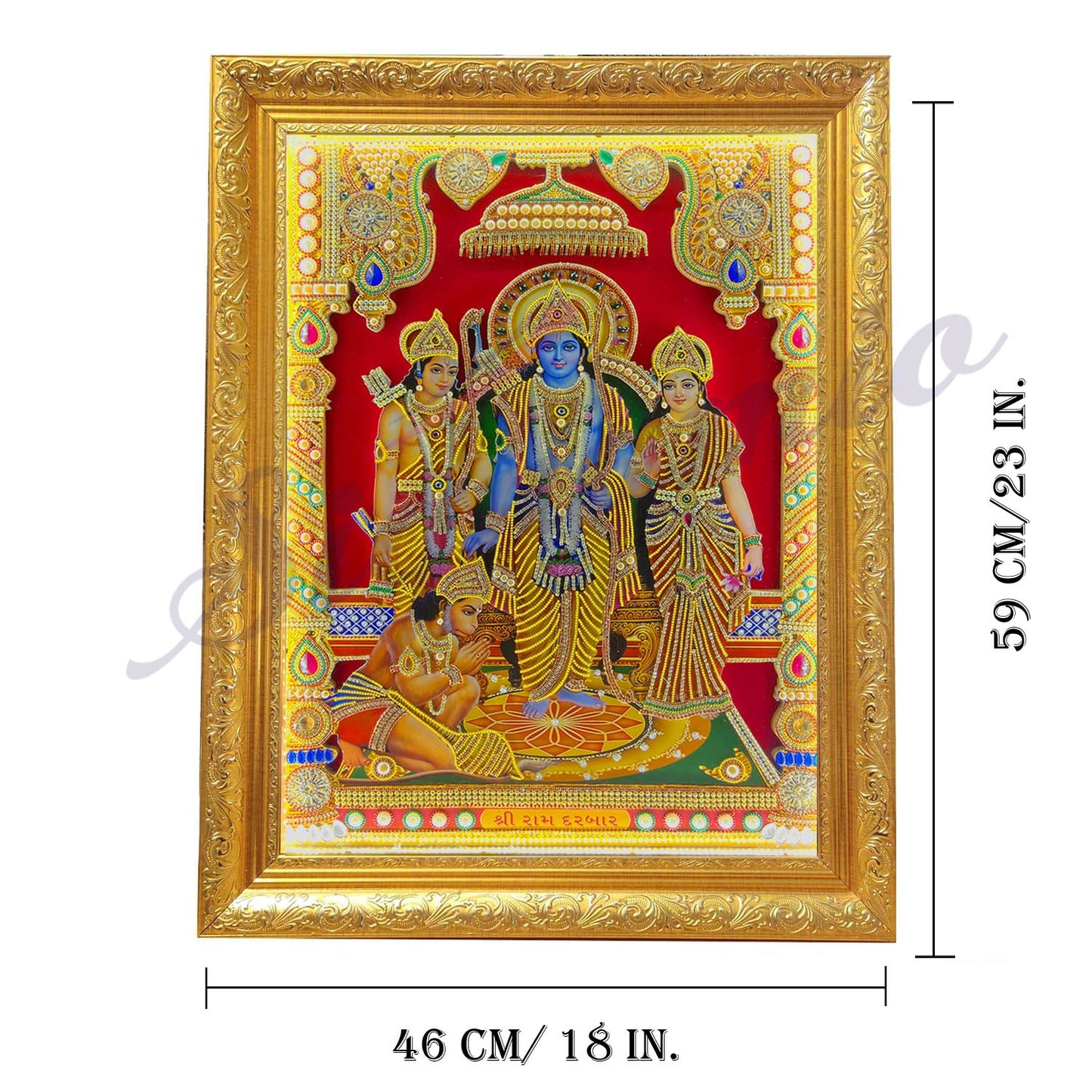 SIGNAMIO® Designer Handmade Stone Moti Work with Gold led Light Sculpture of 3D Lord Ram Darbar wall Hanging Photo Frame with for Puja Room,Home,Office,wall decoration-1pcs (23X18 Inch)
