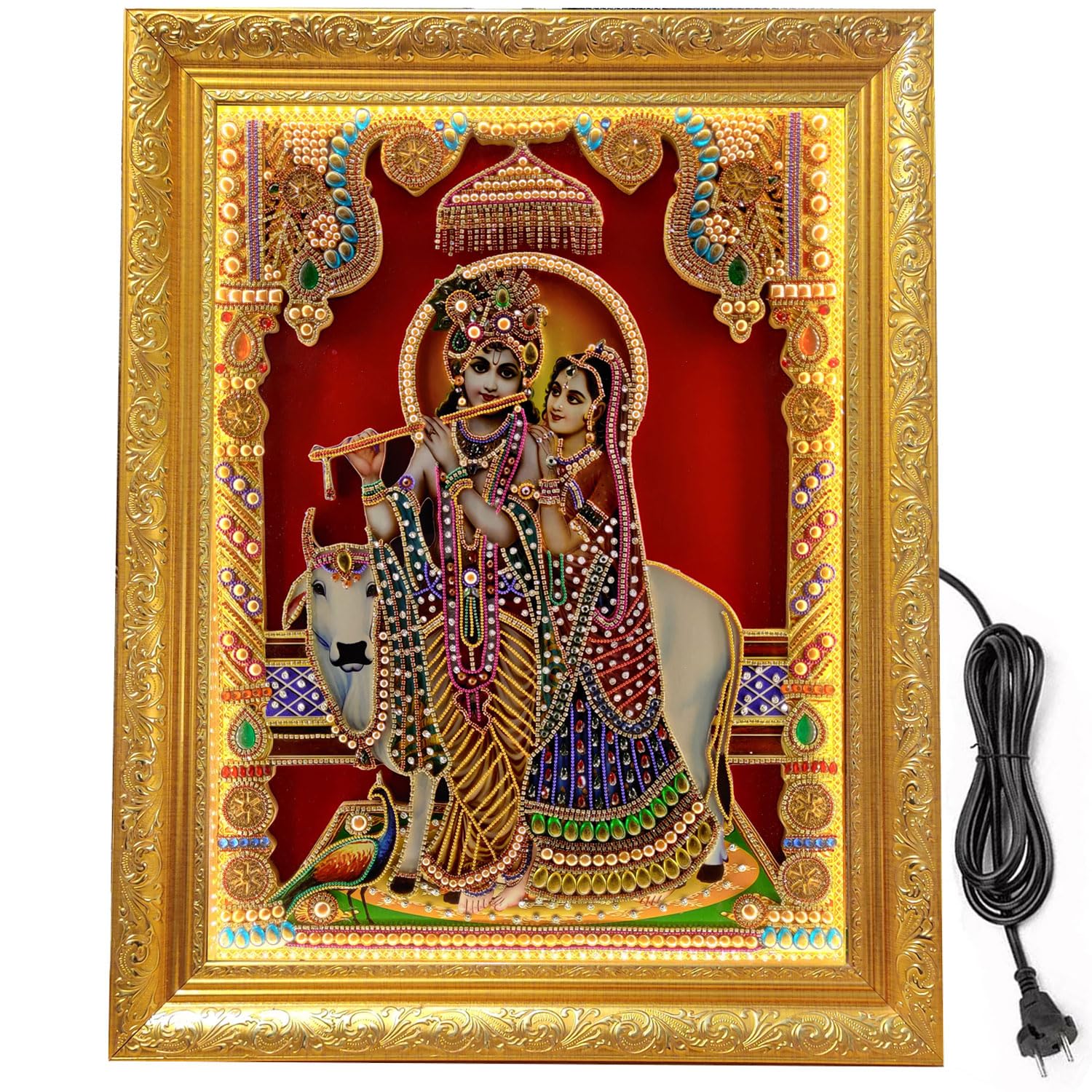 SIGNAMIO® Designer Handmade Stone Moti Work with Gold led Light Sculpture of 3D Lord Ram Darbar wall Hanging Photo Frame with for Puja Room,Home,Office,wall decoration-1pcs (23X18 Inch)