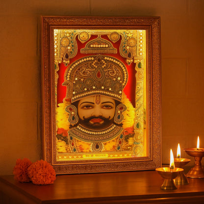 SIGNAMIO® Designer Handmade Stone Moti Work with Gold led Light Sculpture of 3D Khatu Shyam wall Hanging Photo Frame with for Puja Room,Home,Office,wall decoration-1pcs (23X18 Inch)